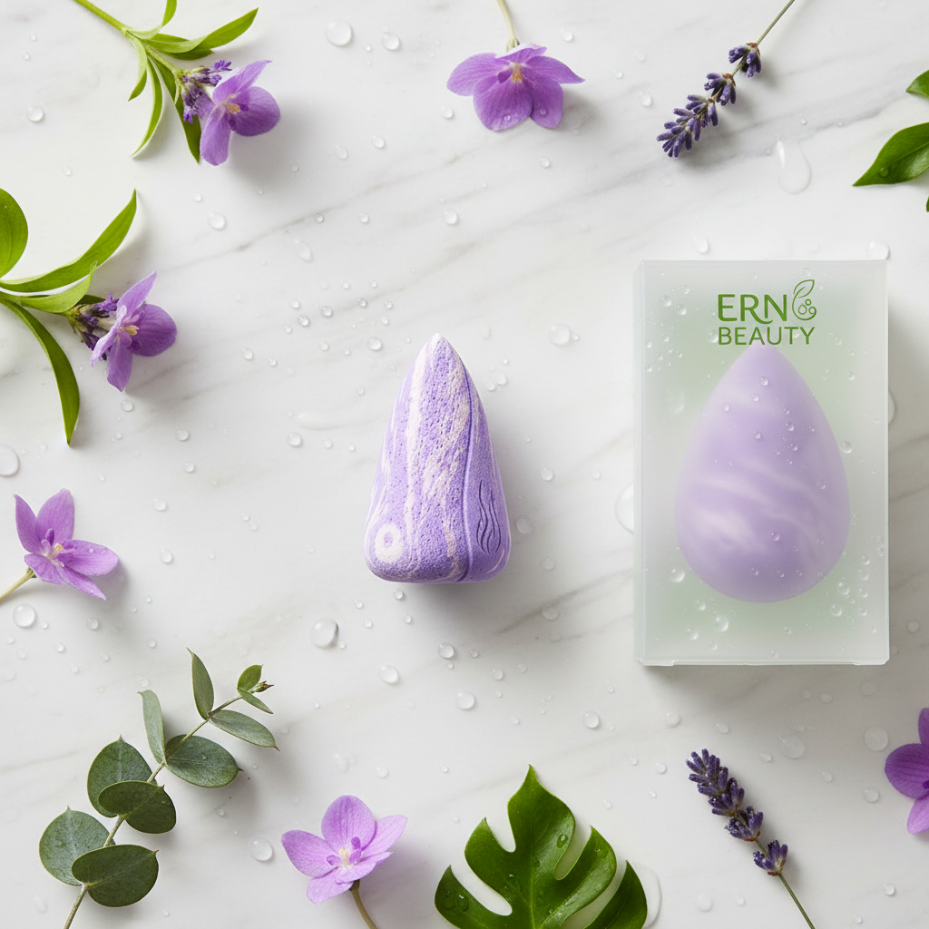 ERN Beauty sponge with packaging — luxury flatlay with florals