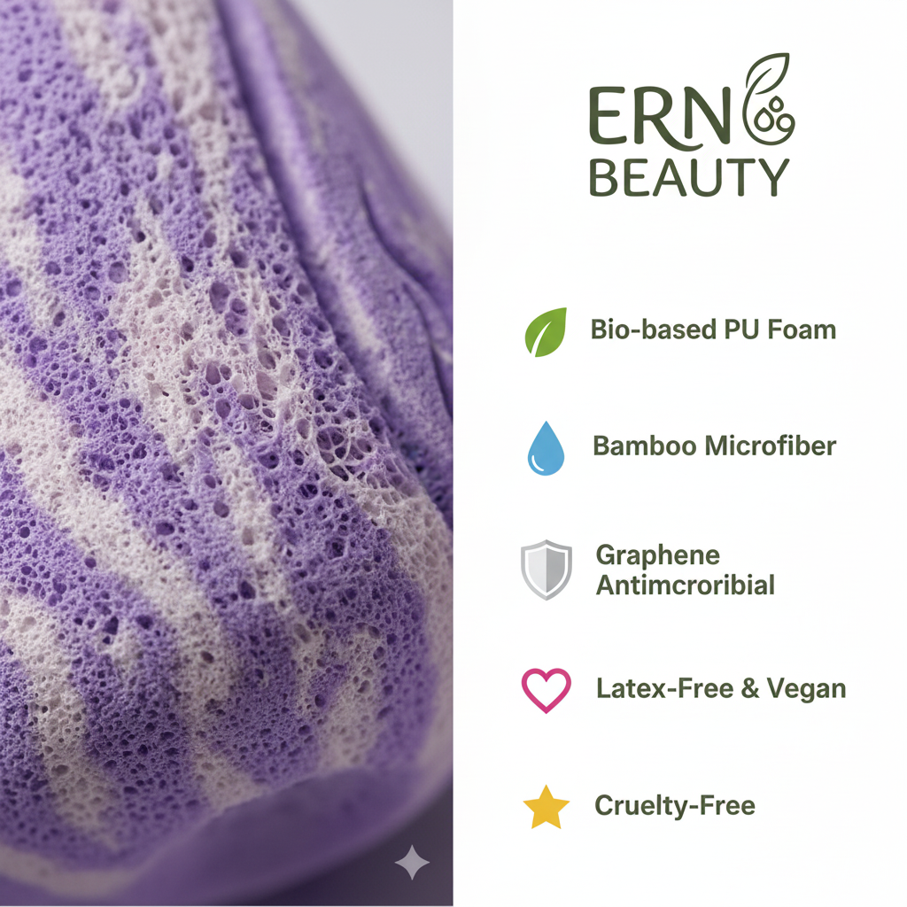 ERN Beauty sponge material features: Bio-PU foam, bamboo microfiber, antimicrobial